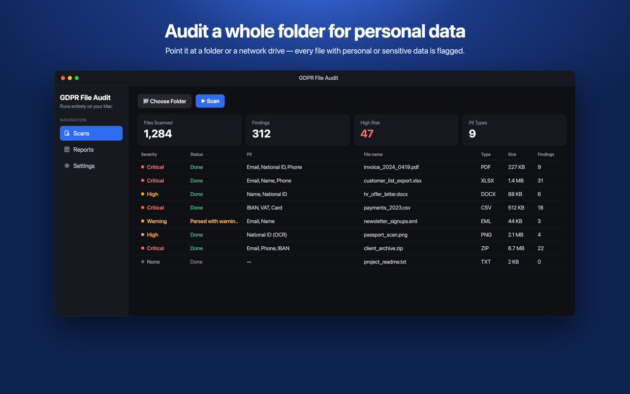 Audit a whole folder for personal data — results table with risk levels