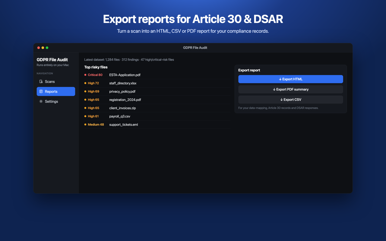 Export GDPR reports for Article 30 records and DSAR
